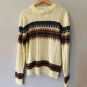 70s-80s vintage Fair Isle cable knit crewneck sweater cream neutral JCPenney M